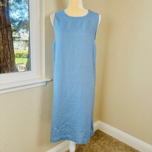 NWT LINTICO Sienna Sleeveless Linen Dress Womens S Blue Pockets Lagenlook Casual